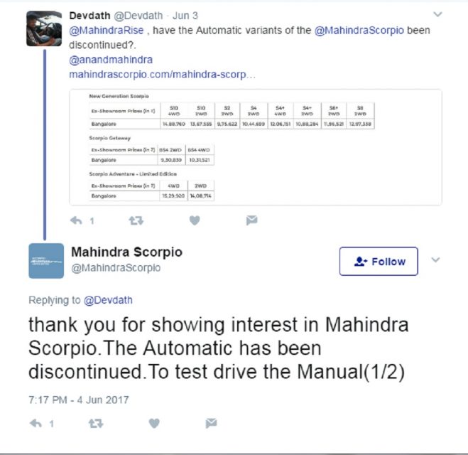 Mahindra Scorpio Automatic Variants Discontinued