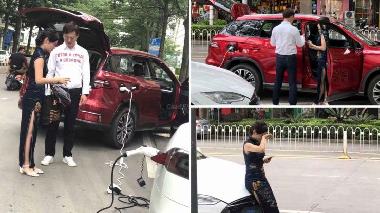 BYD Song Electric Vehicle Spotted Charging Tesla Model S-1
