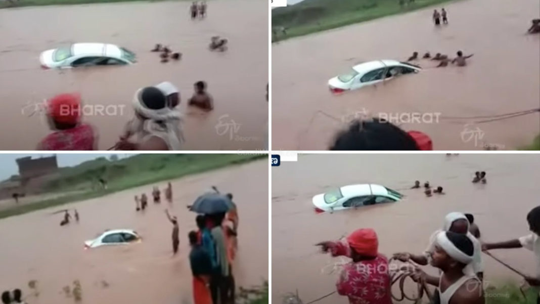 Honda City Falls Into A River, Locals Come To The Rescue - Video-1