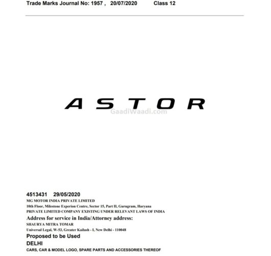 MG Astor Trademark