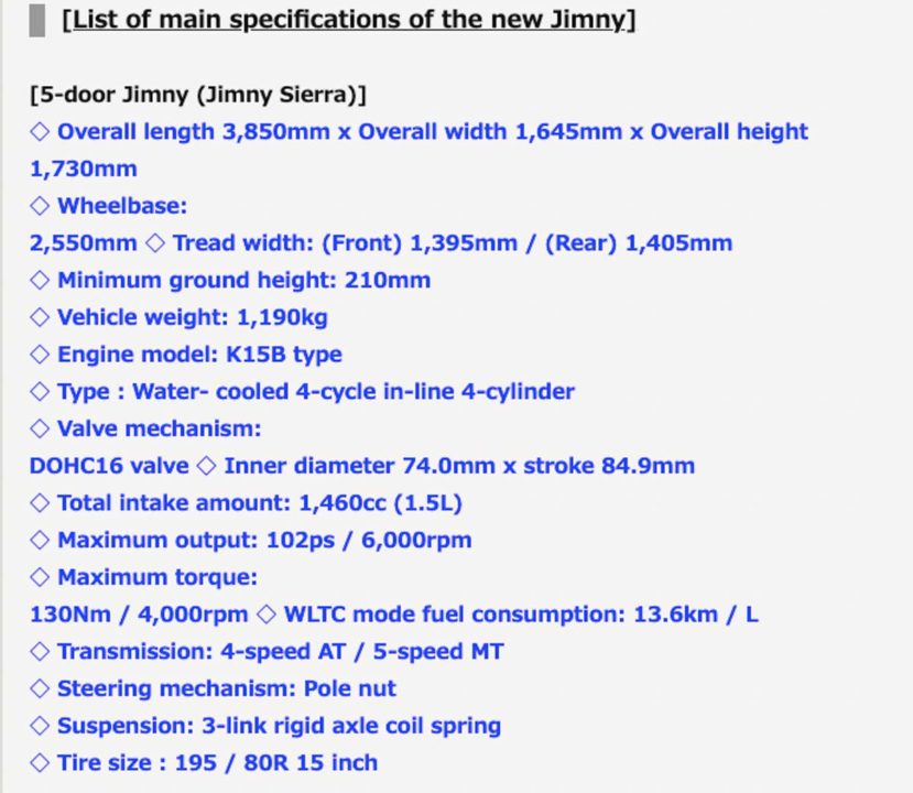 5 Door Suzuki Jimny Specs
