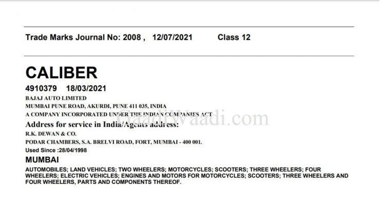 Bajaj Caliber trademark India