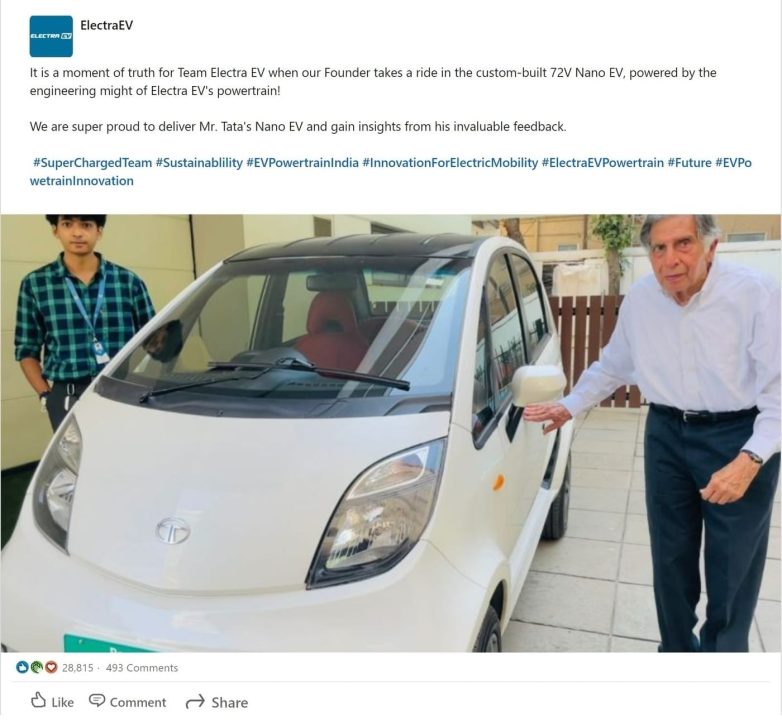 Electra EV custom Tata Nano EV LinkedIn post