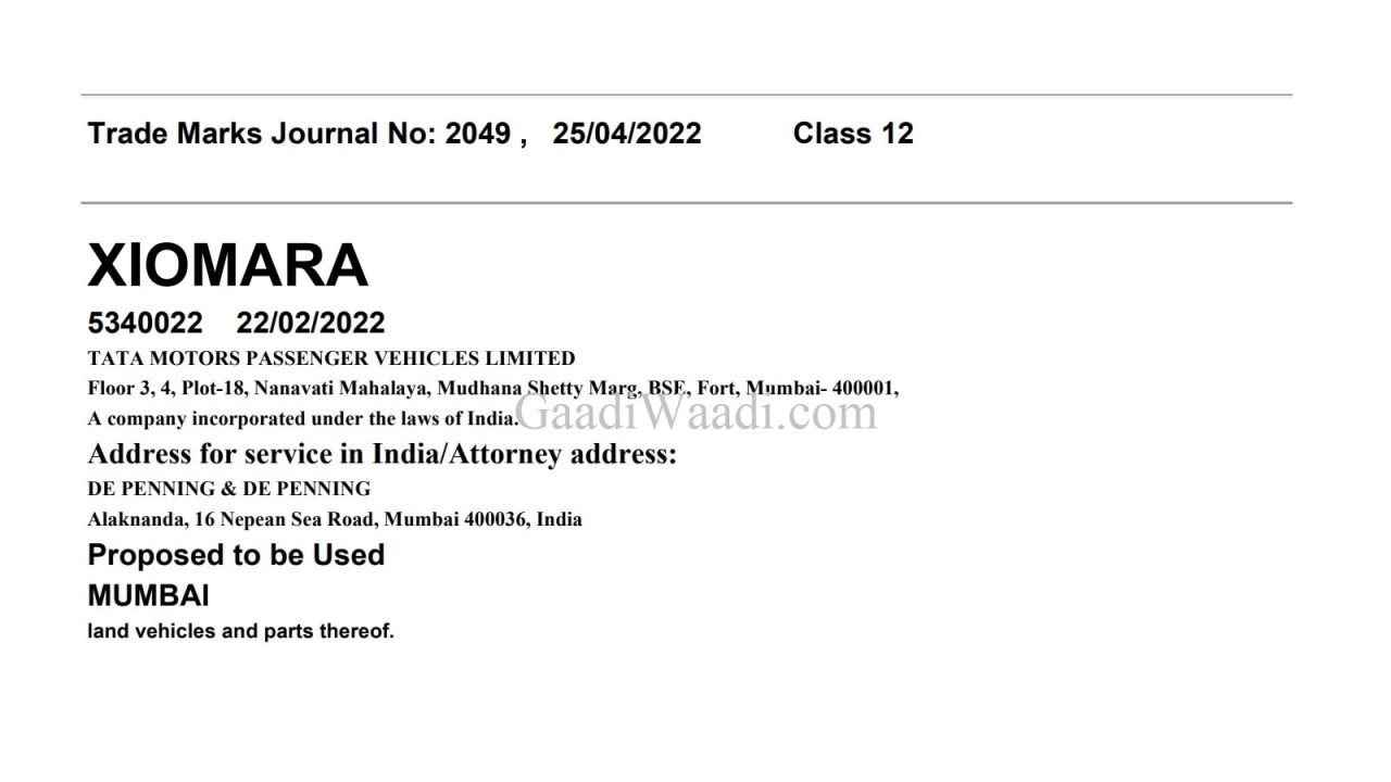 Tata Motors trademark Xiomara