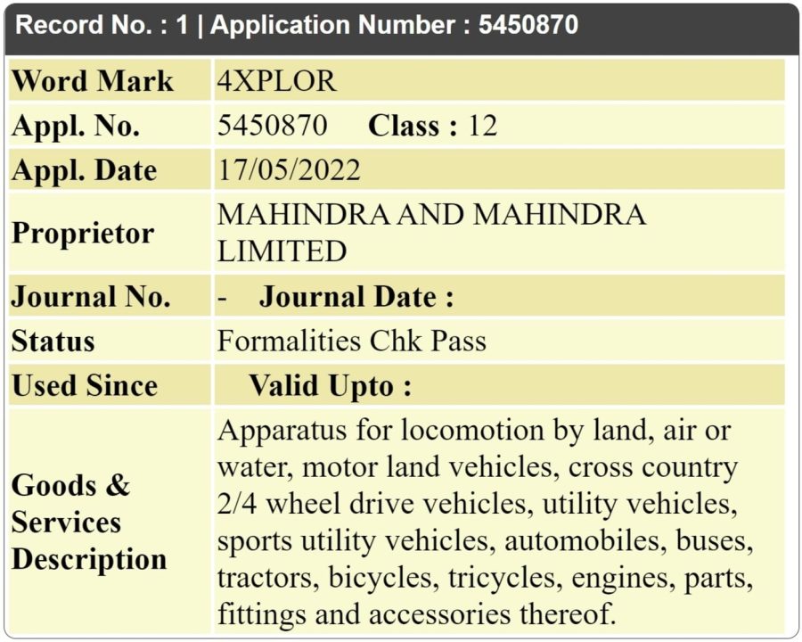 Mahindra Scorpio 4XPLOR trademark
